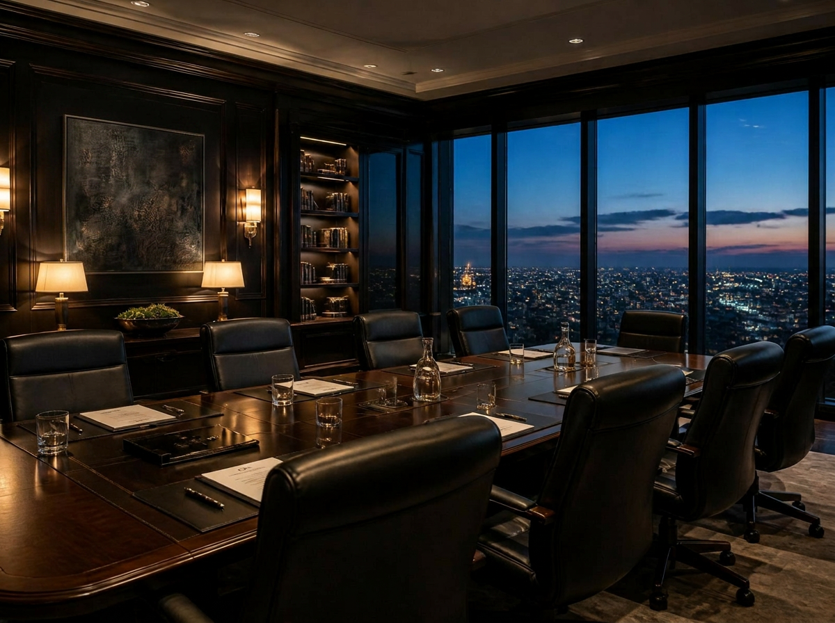 Private investment boardroom with city view at dusk